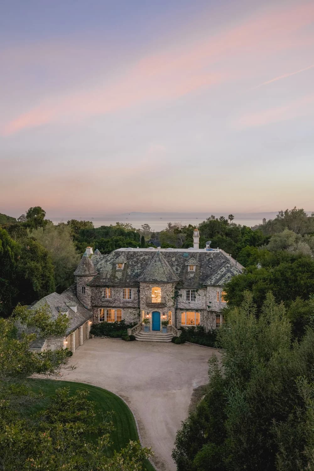 Twilight aerial — 1567 East Valley Road, Montecito